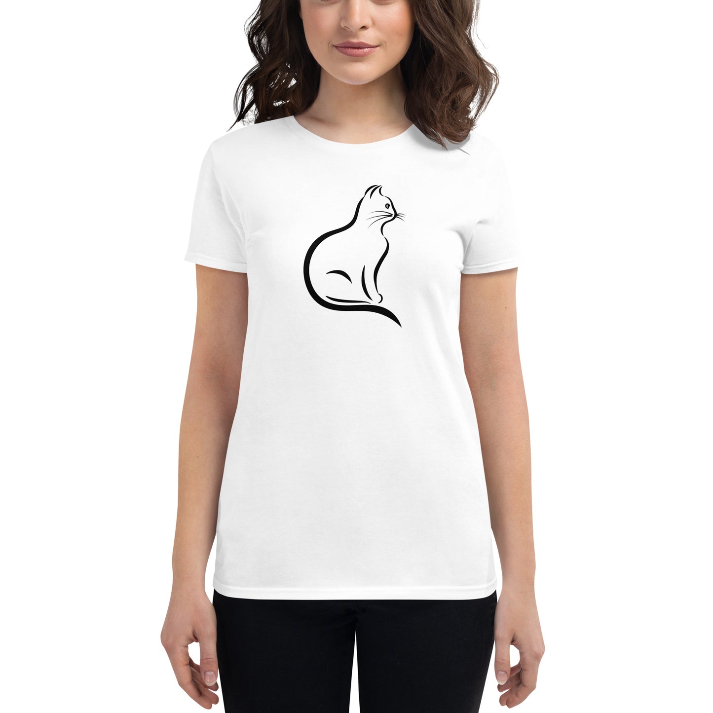 Women's short sleeve t-shirt, white and black cat