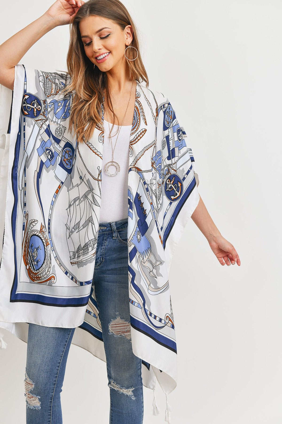 Sailors Inspired Pattern Open Front Kimono