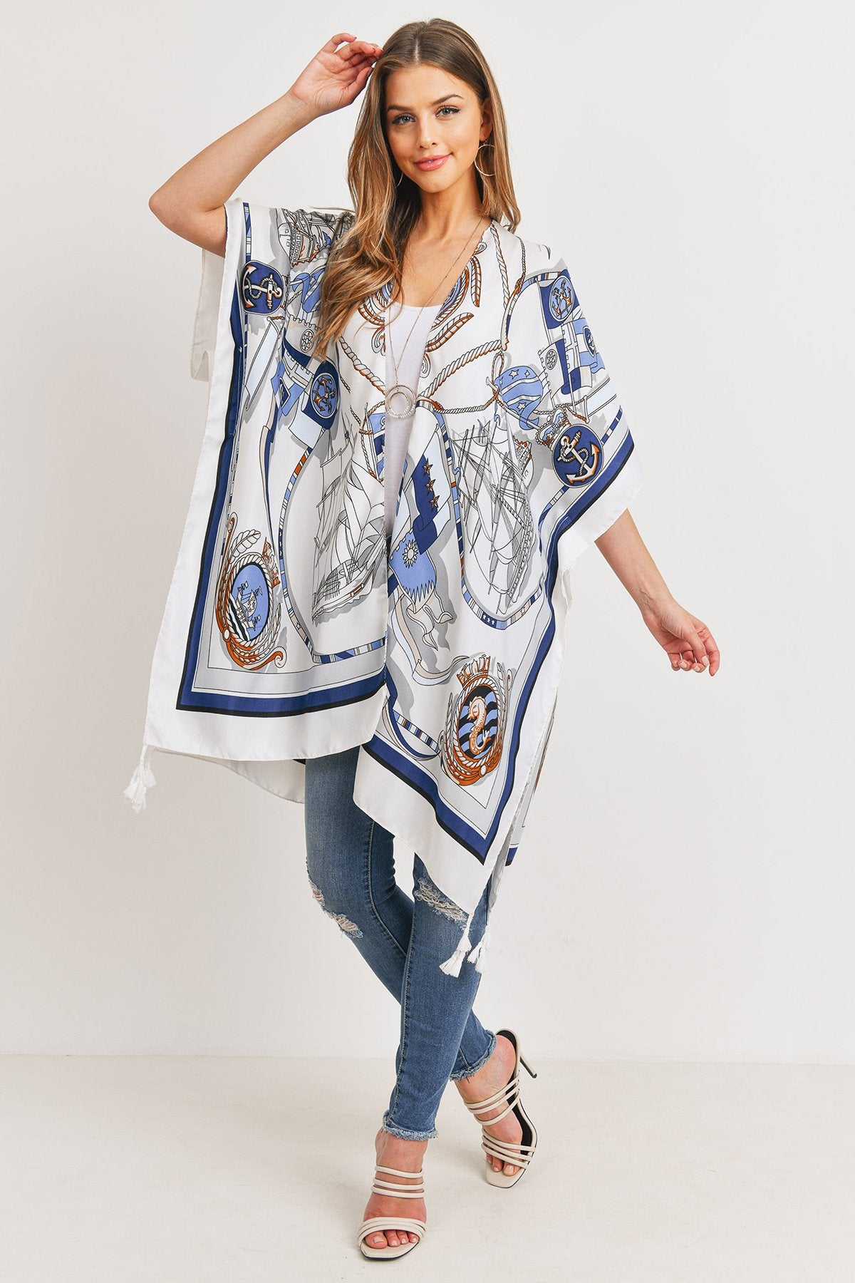 Sailors Inspired Pattern Open Front Kimono