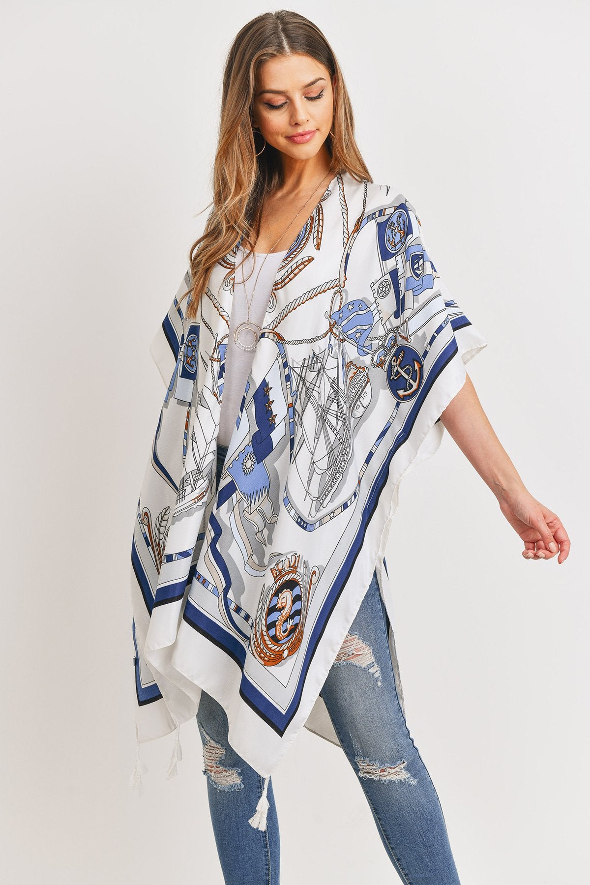 Sailors Inspired Pattern Open Front Kimono