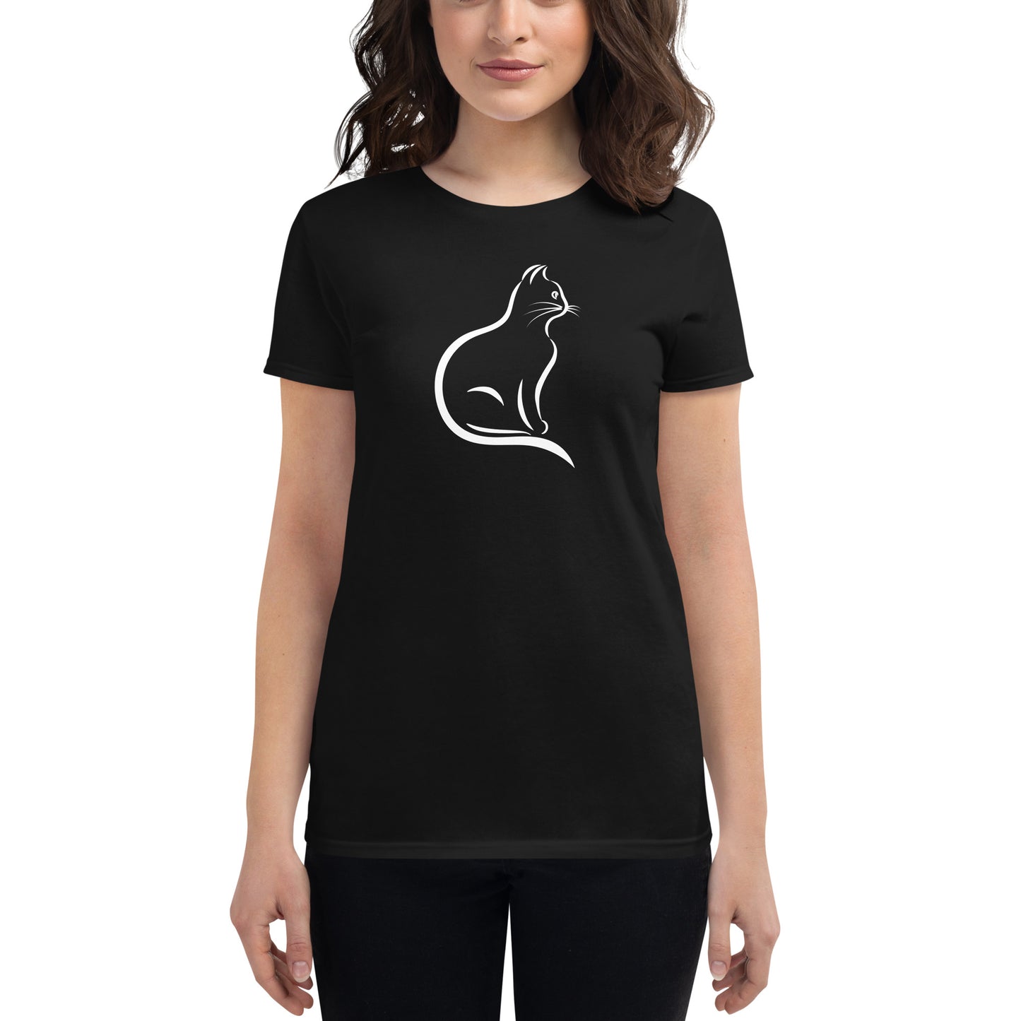 Women's short sleeve t-shirt, white and black cat